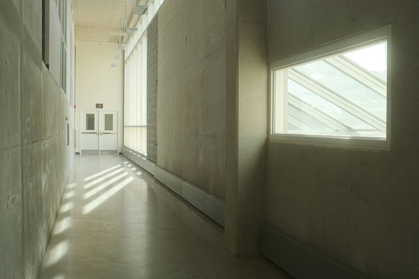 La luce del sole filtra in un corridoio d'ufficio minimalista in cemento.